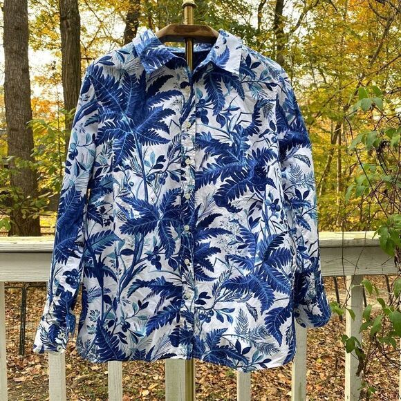 Talbots Blue White Tropical Button Up Blouse - Picture 2 of 8